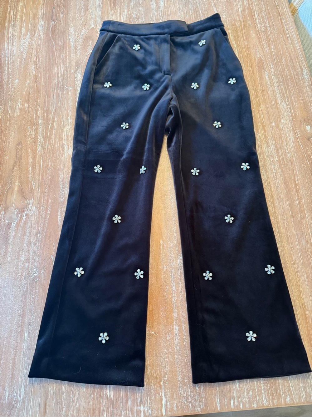 Express Black Velvet Wide-Leg Pants with silver Flower Embellishments
